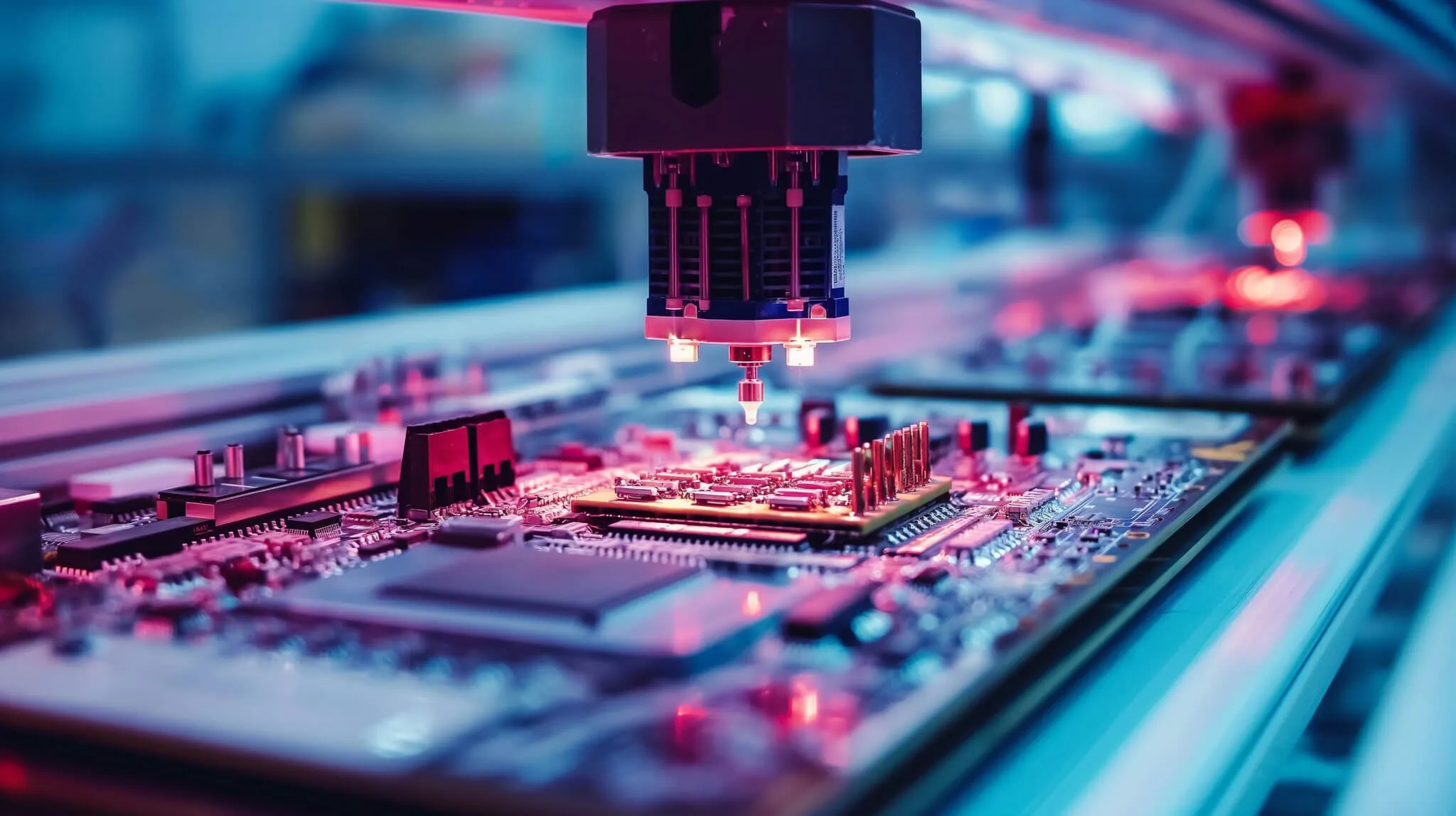Robotic machine placing components on a printed circuit board during automated microchip manufacturing in a modern electronics factory.