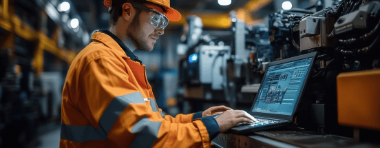 An industrial engineer wearing safety gear, working on a laptop in a high-tech manufacturing facility with machinery in the background.
