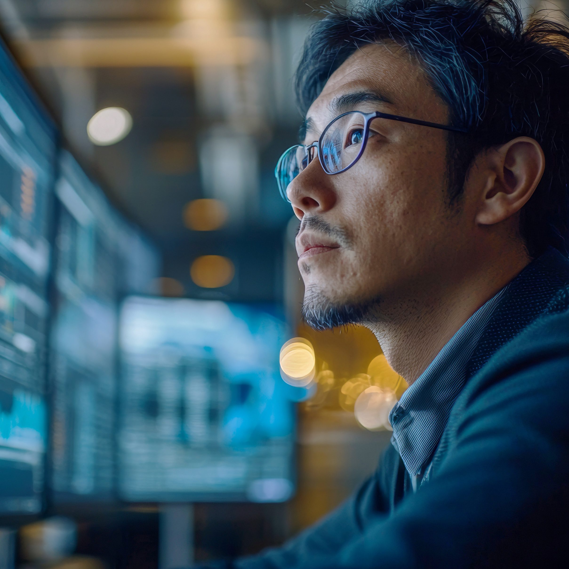 Analyst studying data, testing and improving forecasting technology dashboard, big data processing