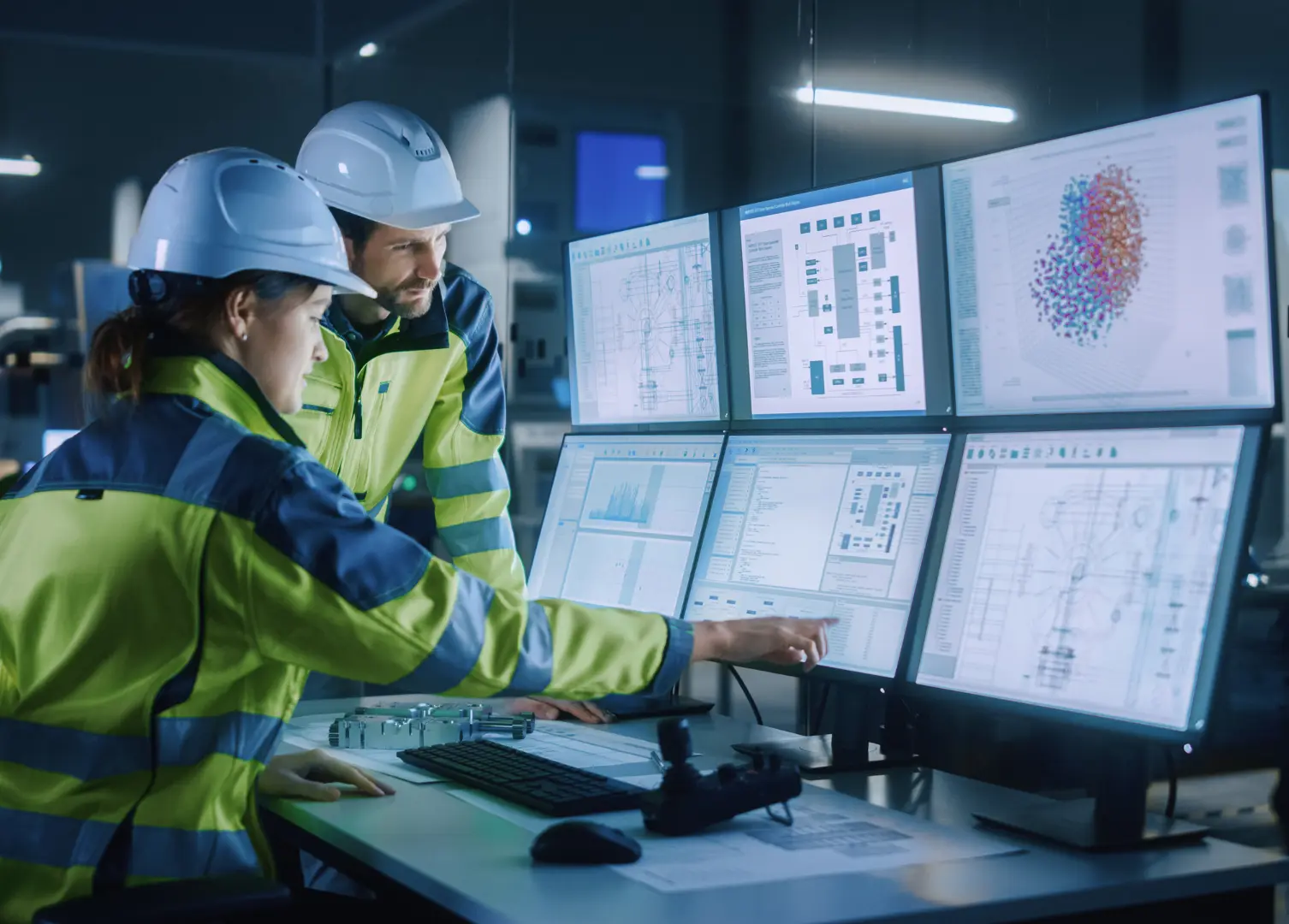 Construction Workers viewing data on multiple monitors