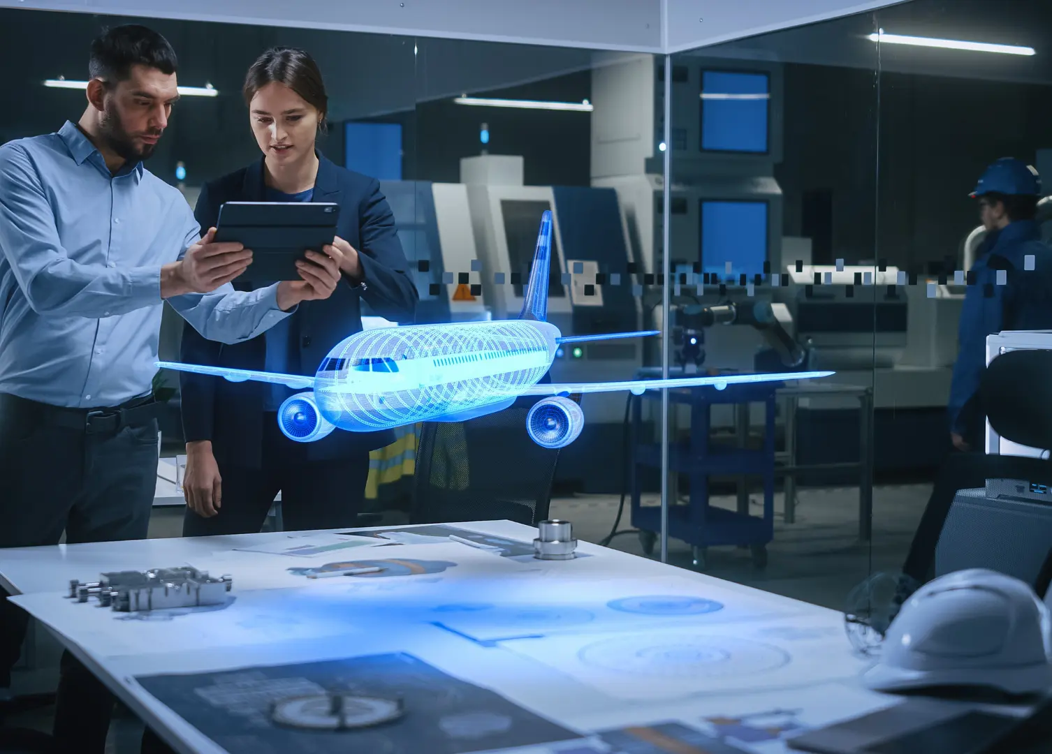 Engineers reviewing a tablet with a holographic 3D model of an airplane in a modern design and manufacturing laboratory