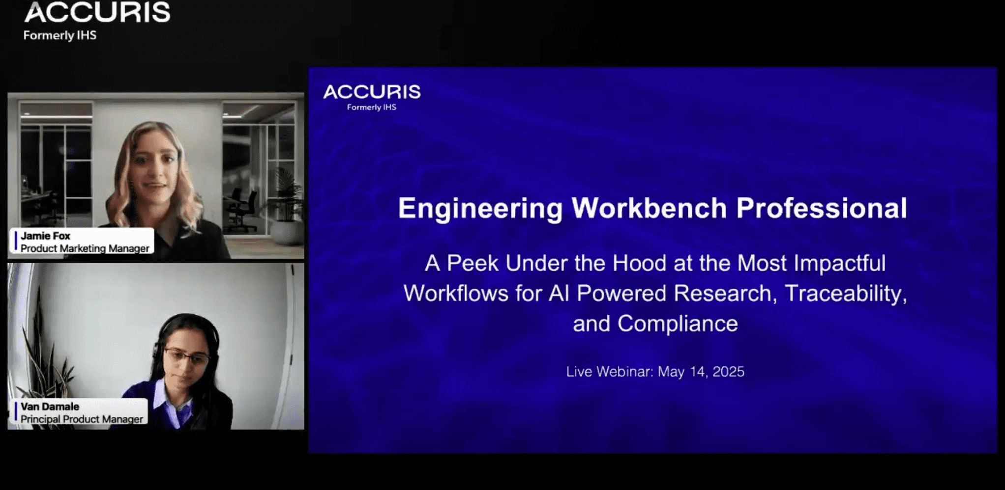 Image from the May 14, 2025 Engineering Workbench Professional webinar, featuring Jamie Fox and Van Damale, presenting key workflows for AI-powered standards research, traceability, and compliance.