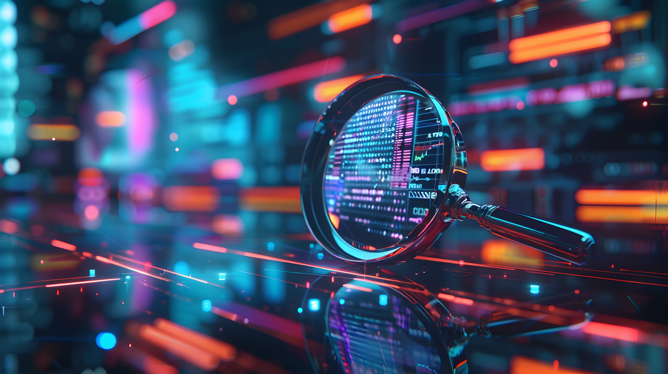 Magnifying Glass Revealing Digital Data and Code in a Futuristic Cityscape