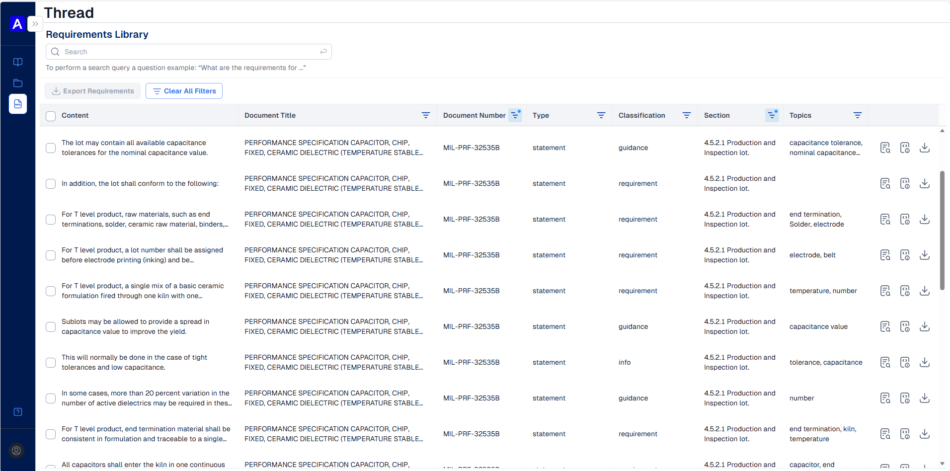 MIL-PRF-32535B軍事規格から自動的に抽出・分類された要件の行を表示するスレッド要件ライブラリ。列には、内容、文書番号、種類、分類、セクション、およびトピックが含まれる。