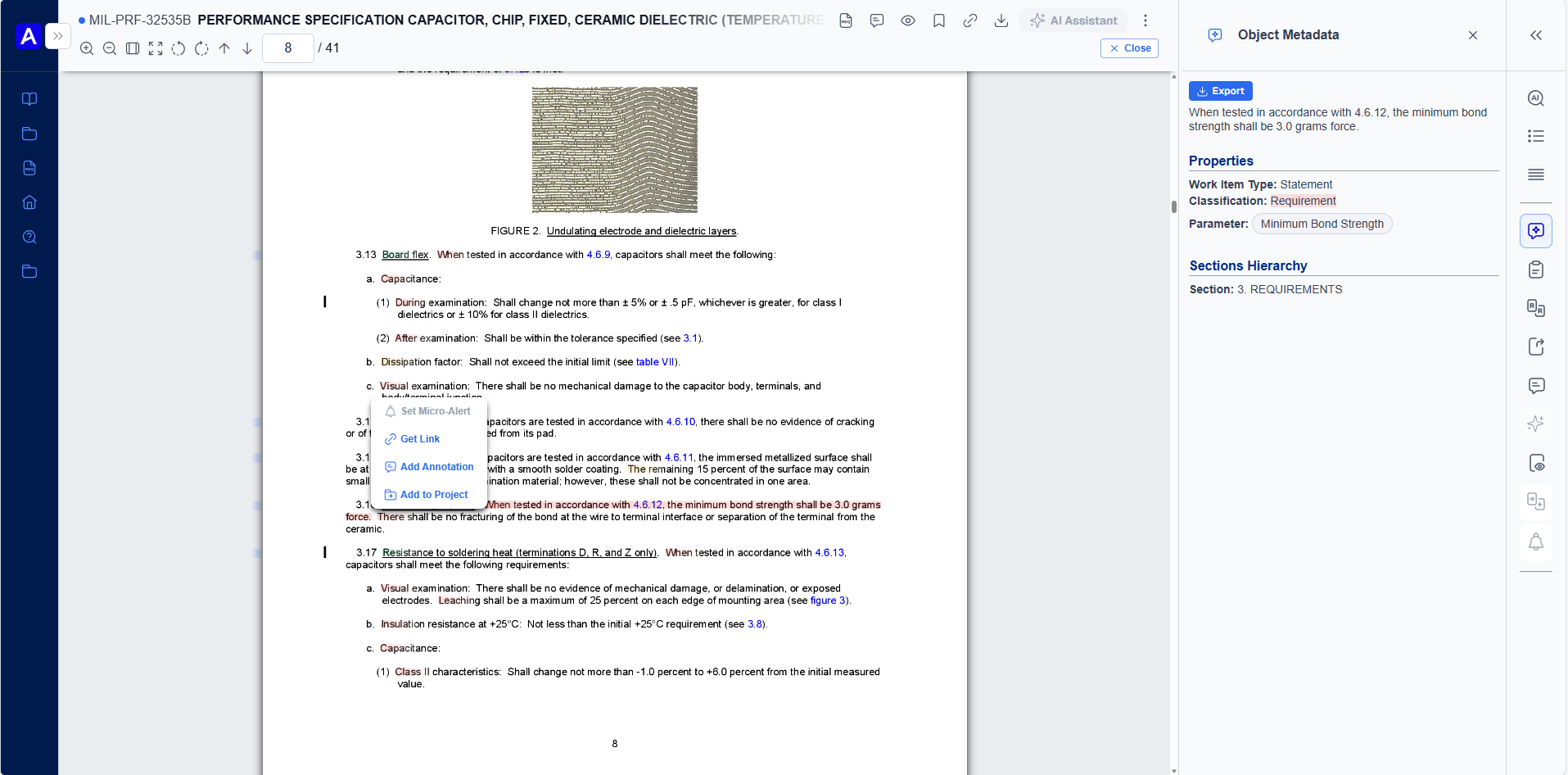 軍事仕様書が表示されたスレッドインターフェース。コンテンツへの注釈追加や整理を行うためのコンテキストメニューが開いており、その横には、抽出された要件プロパティやセクション階層を表示する「オブジェクトメタデータ」パネルが配置されている。