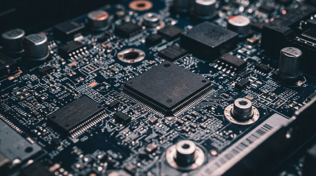 Vista d'insieme di un circuito stampato dettagliato con microchip, condensatori e un intricato cablaggio.